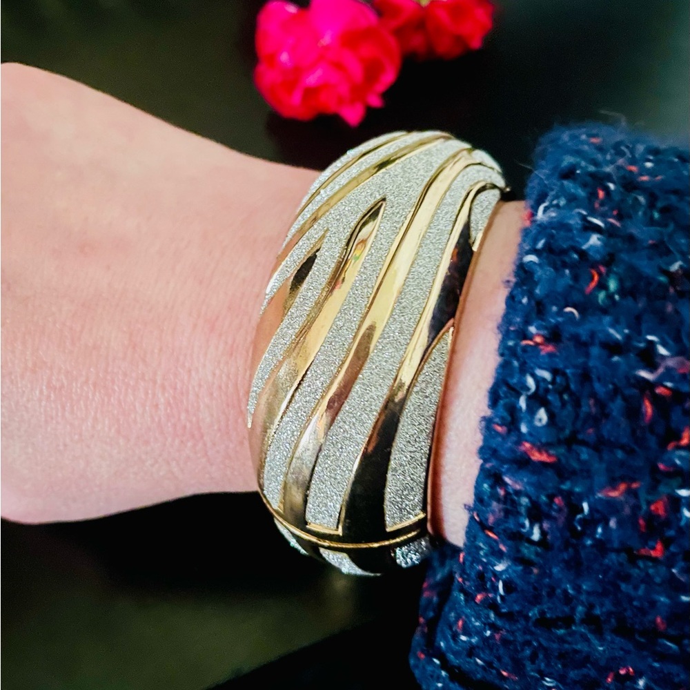 Chunky Vintage Two Tone Gold and Silver Clamper Bracelet - Picture 2 of 8